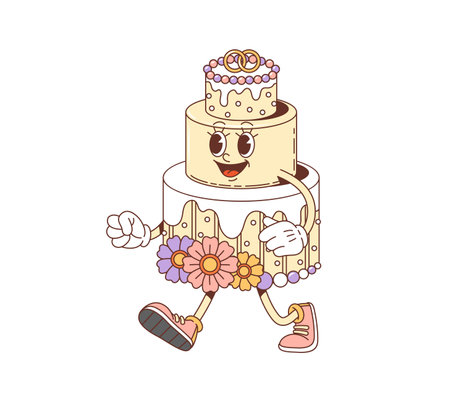 Cartoon groovy Valentine holiday cake character in retro 70s hippie art, vector comic personage. Groovy cake with funny face, wedding rings and flowers, funky groovie character for Valentine day emojiのイラスト素材