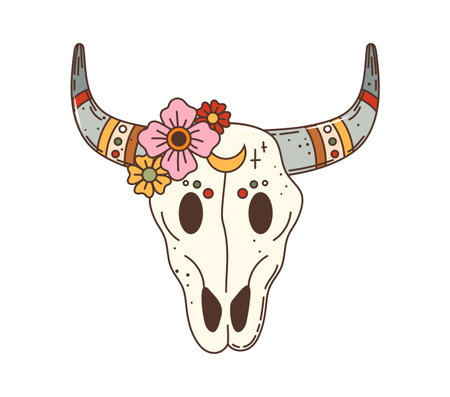 Wild west cow skull western groovy item. Isolated vector decorated bull dead skeleton head, rustic decor, embodying the rugged spirit of the frontier with intricate boho style symbols and flowersのイラスト素材