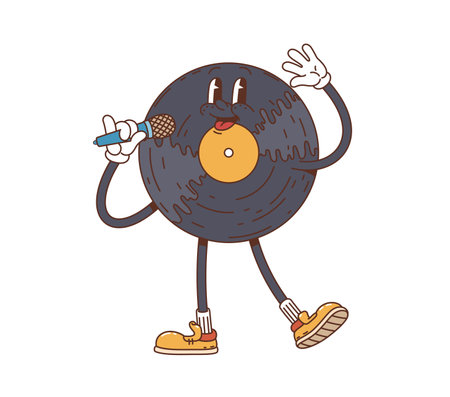 Cartoon vinyl disc groovy character sings passionately into a microphone, embodying the soulful vibe of classic music. Isolated vector retro record colorful, vintage, hippie style musical personageのイラスト素材
