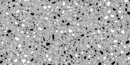 Black, white and grey terrazzo ceramic tile background or terrazo mosaic vector pattern. Terazzo marble stone floor texture of abstract broken stones and marble parts for interior tile patternのイラスト素材