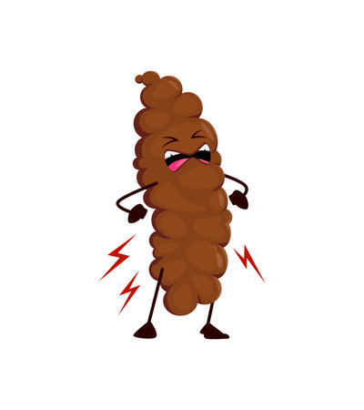 Funny poo excrement, cartoon angry poop emoji character. Isolated vector mad feces personage with frowning, disgruntled, yelling expression and lightning bolts, highlighting frustration or annoyanceのイラスト素材