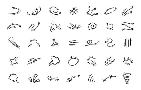Hand drawn movement motion lines. Comic or manga motion page pencil doodle vector symbols set. Hand drawn graphic effect speed or hit movement, surprise expression, scream effect lines collectionのイラスト素材