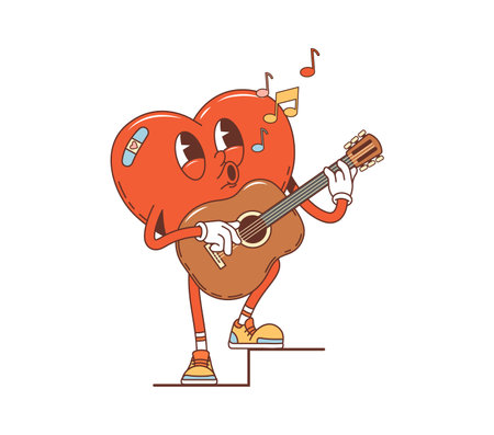 Cartoon retro groovy Valentine heart singer character with guitar, vector comic art. Happy heart in love singing serenade for Valentine holiday, 70s hippie or hipster groovy character of heart in loveのイラスト素材