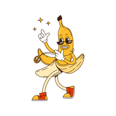 Groovy retro banana cute cartoon character. Retro funny tropical fruit sticker, 60s happy character or groovy cheerful isolated vector personage. Vintage cute banana mascot wearing sunglassesのイラスト素材