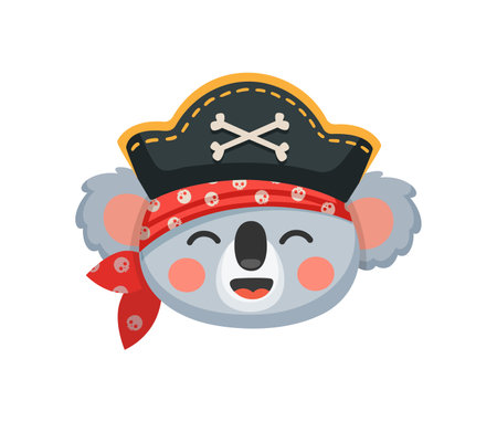 Cartoon koala animal pirate and corsair. Sailor and captain, skipper and boatswain character. Isolated vector cute kawaii Australian baby bear personage with happy smiling face, bandana and cocked hatのイラスト素材