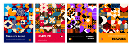 Modern abstract posters with geometric pattern of color graphic shapes. Minimalist art circles, squares, triangles and curved lines mosaic compositions, abstract geometric banners templates setのイラスト素材