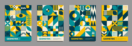 Yellow, dark and turquoise modern abstract geometric pattern posters. Advertising leaflet with...