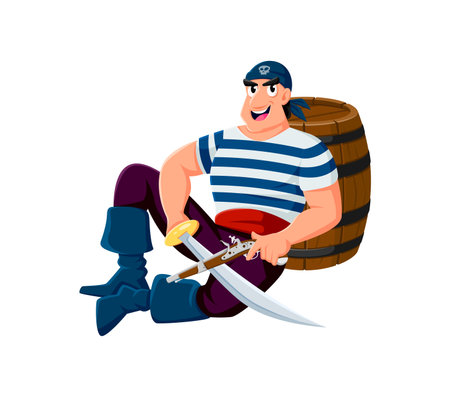Cartoon sailor or pirate man with saber swords and rum barrel, vector character. Skipper boatswain or captain corsair and filibuster man in pirate bandana with Jolly roger skull and musket pistol gunのイラスト素材