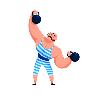 Cartoon circus strongman shapito character, sporting a retro-style handlebar mustache and striped one-piece, grins as he effortlessly lifts a giant barbells above his head with old-time funfair flairのイラスト素材