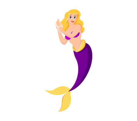Cartoon mermaid character. Adorable cute vector underwater sea princess with blond hair, purple tail and friendly smile holding shell in hand, ready to dive into magic pirate adventure fairytale storyのイラスト素材