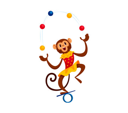 Cartoon shapito circus juggling monkey animal clad in a colorful dress, captivates the audience, skillfully tossing balls in the air with agile movements while balancing on a board under the big topのイラスト素材