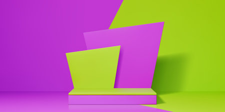 Contrast 3d product podium. Realistic 3d vector studio background with stage or pedestal in contrasting purple and green colors of wall and floor. Minimal geometric platform for presentation displayのイラスト素材
