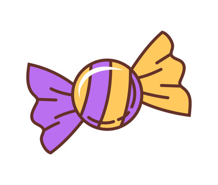 Cartoon retro groovy Halloween candy in purple and yellow wrap with stripes. Isolated vector festive treat for spooky holiday celebration. Sweet bon-bon or caramel dessert, toffee of round shapeのイラスト素材