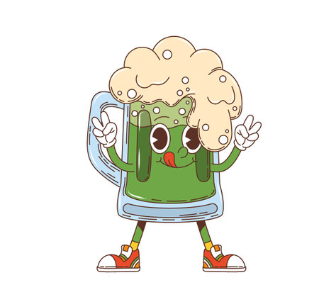 Cartoon green groovy ale beer character, saint Patrick day holiday mug personage. Isolated vector funky glass cup filled with traditional foamy Irish drink, showing peace gesture and sticking tongueのイラスト素材
