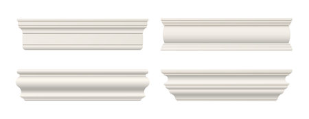 Trim molding, moulding cornice, interior wall skirting baseboard. isolated realistic 3d vector decorative architectural elements. Gypsum, plaster, wooden or styrofoam house ledges in classic styleのイラスト素材