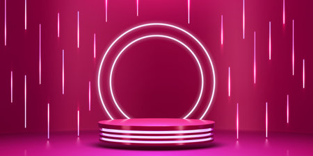 3d pink neon light product podium stage with glowing lights and ring frame or ramp. Realistic vector illuminated pedestal, glow scene for beauty production presentation, fashion show or performanceのイラスト素材