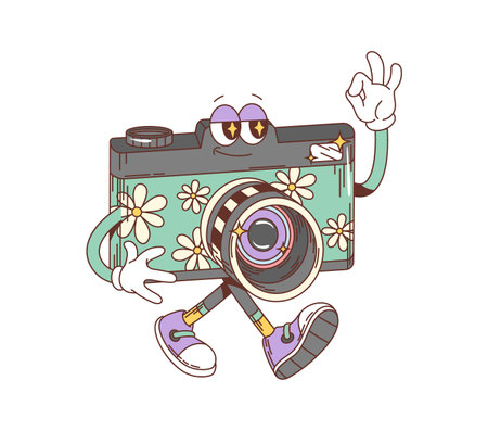 Cartoon groovy photo camera character. Isolated vector funky, hippie style photocamera personage adorned with vibrant daisy flowers and confident smile, showing ok gesture, exuding retro playful charmのイラスト素材