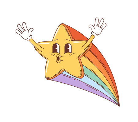 Cartoon groovy star character. Isolated cute vector falling toon comet personage with a whistle lips and sparkling colorful trail, spreading joy across the night sky. Yellow funky shooting twinkleのイラスト素材