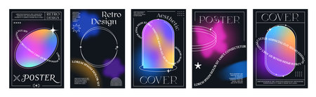 Gradient brutal y2k posters or cover vector templates. Vertical black backgrounds with neon glowing geometric shapes, butterfly figure in retro-futuristic style. Social media stories promo bannersのイラスト素材