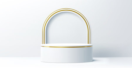 White product podium with golden arch and big stage, vector display mockup. Round platform podium with golden arch frame for luxury product showcase or promotion display stage on white backgroundのイラスト素材