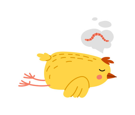 Cute chick cartoon character peacefully slumbers, dreaming of a vibrant worm in its imagination. Isolated vector adorable, feathered baby hen bird personage sleeping and sees food in its dreamsのイラスト素材