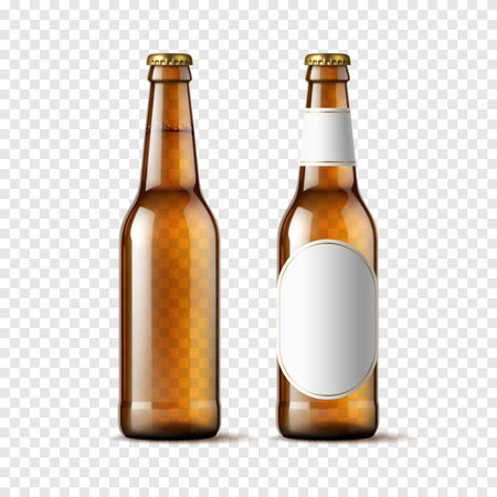 Realistic beer bottle, transparent brown glass bottle mockup with blank label. Isolated 3d vector flask with thin neck, metal lid and liquid within. Alcohol beverage, beer drink container mock upのイラスト素材