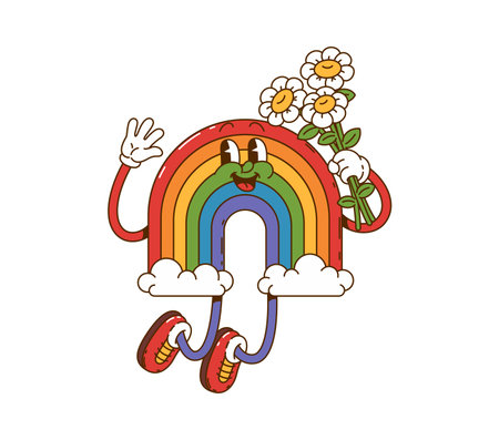 Cartoon retro groovy rainbow character. Cheerful rainbow personage sticker, retro funny character or vintage isolated vector groovy mascot with bouquet of chamomile flowersのイラスト素材