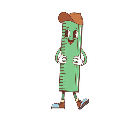 Cartoon retro groovy school ruler character. Isolated vector cheerful and funny stationery, measuring ruler tool with a smiling face. Joyful school personage, ready to measure and educate studentsのイラスト素材