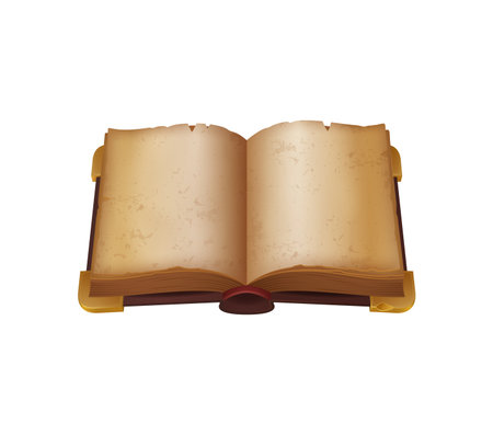 Game book with open pages of ancient old or medieval antique parchment paper, cartoon vector. Fantasy game book for vintage magic GUI asset or gaming UI element for map with empty blank pagesのイラスト素材
