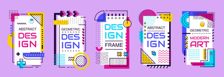 Abstract modern business Memphis posters. Vector set of cards with bold type, lively mix of geometric shapes, vibrant patterns and vivid colors for contemporary marketing and eye-catching presentationのイラスト素材