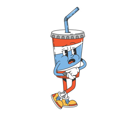 Groovy soda drink character. Isolated cartoon vector cola cup personage wearing trendy sneakers. Beverage with a worried face expression, pointing on the wrist watch, exudes nostalgic hippie vibesのイラスト素材