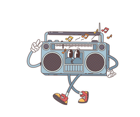 Cartoon retro groovy tape recorder character playing music, vector funky comic. Groovy cartoon in 70s hippie art funny tape recorder whistling or singing song with notes and happy smile on faceのイラスト素材