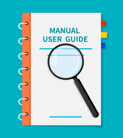 User guide, guidebook manual instruction. Vector ring-bound user service book with a magnifying glass over it, suggesting detailed examination or guidance, help, customer support and information dataのイラスト素材