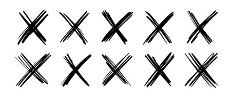 X scribble marks of cross in hand drawn sketch or marker doodle and ink brush stroke, vector icons. X scribble marks of ink pen sketch line for false check box vote, No sign and con or cancel symbolのイラスト素材