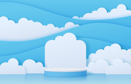Podium with paper cut clouds. Round blue and white stage. 3d vector realistic platform or pedestal mockup for products displaying. Cloudy studio sky showcase background for cosmetics presentationのイラスト素材