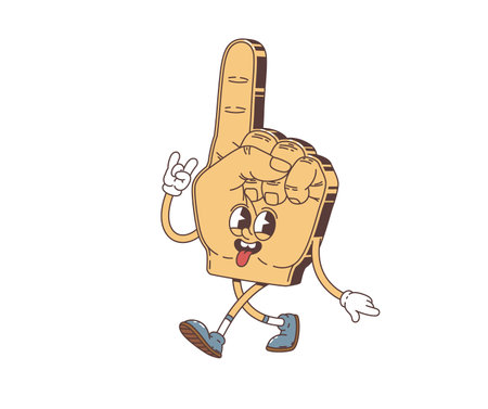 Groovy retro cartoon fan hand glove character with finger and funky face, vector hippie art. Groovy funny football or soccer sport fan glove with happy face and silly tongue out for quirky retro emojiのイラスト素材