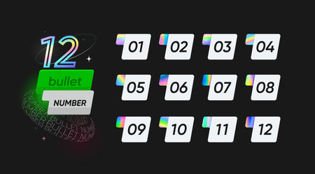 Number bullet points. Vector set of numbered buttons or tags from one to twelve, each with modern gradient design, used to present information in clear, organized manner for presentations or summariesのイラスト素材