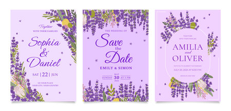Wedding invitation template with lavender flowers and floral frames, vector background. Wedding Save the Date or engagement invitation cards with Provence lavender and purple lilac garden flowersのイラスト素材