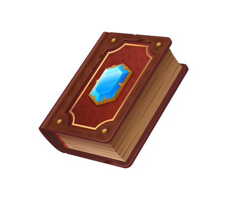 Game book, ancient tome imbued with spells, enchantments, and arcane knowledge. Isolated cartoon vector closed magic game book with leather cover and blue gemstone contains mystic secrets and powerのイラスト素材