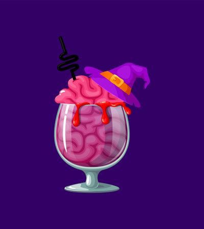 Halloween cocktail features a bleeding brain, complete with a witch hat and straw, creating chilling and delightful drink. Isolated cartoon vector spooky bar menu beverage for party nightのイラスト素材