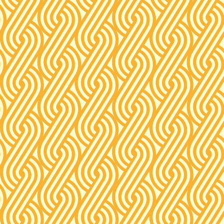 Ramen noodle pattern with braided line ornament, vector seamless background. Abstract yellow noodles pattern with curly wavy knit lines of instant noodles for Asian Chinese or Japanese backgroundのイラスト素材