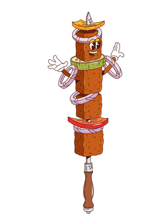 Kebab retro groovy barbeque grill character. Isolated cartoon vector playful grilled meat with vegetables. Bbq food personage with happy face. Funny barbeque kebab on skewer in vintage oldschool styleのイラスト素材