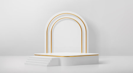 White podium with golden arch, stairs and squared base stage. Realistic 3d vector elegant display setup with scene accentuated with gold stripes and arching backdrop for showcasing cosmetic productsのイラスト素材