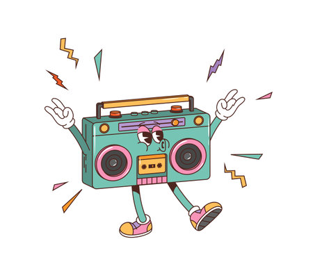 Retro groovy tape recorder character. Isolated cartoon vector vintage boombox personage in sneakers and gloves, smiles and raises both arms in rock signs, bouncing to the beat of old-school tunesのイラスト素材