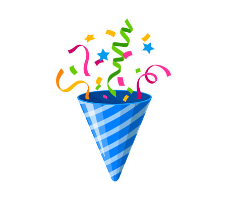 Holiday popper cone, firecracker for birthday party or carnival celebration. Vector blue striped popper or cracker exploding color paper confetti, ribbons, streamers and stars, cartoon firecrackerのイラスト素材