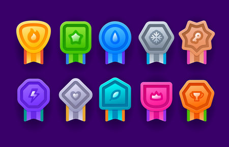 Game achievement medal badge, level rank. Vector set of colorful trophy icons, asset ribbons in vibrant colors with symbols for recognizing accomplishments in gaming and enhancing user experienceのイラスト素材