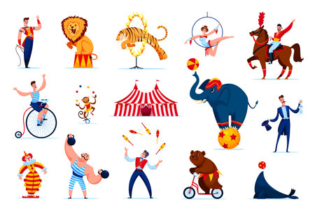 Cartoon chapito circus people characters and animals. Vector acrobat, clown, juggler and magician personages. Cute elephant, lion, horse and bear, trapeze girl and strongman performers at circus stageのイラスト素材