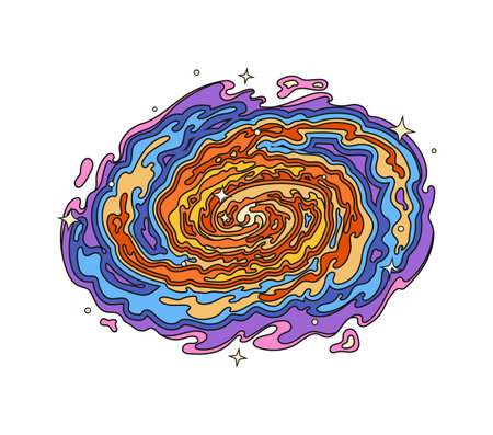 Retro groovy galaxy. Isolated cartoon vector vibrant, colorful space swirl in orange, blue, purple and yellow with glowing stars. Dynamic psychedelic galaxy or nebula vortex, cosmic celestial wonderのイラスト素材