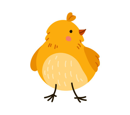 Chick cartoon character with fluffy yellow feathers, radiating joy and innocence. Isolated vector charming little farm bird personage, baby chicken or rooster, symbol of spring and Easter holidayのイラスト素材