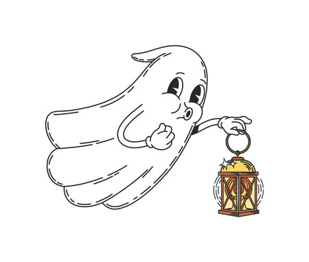Cartoon groovy Halloween ghost character with lantern for holiday horror night, vector retro cartoon. Groovy boo ghost flying with candle lantern, Halloween holiday funky poltergeist in retro cartoonのイラスト素材